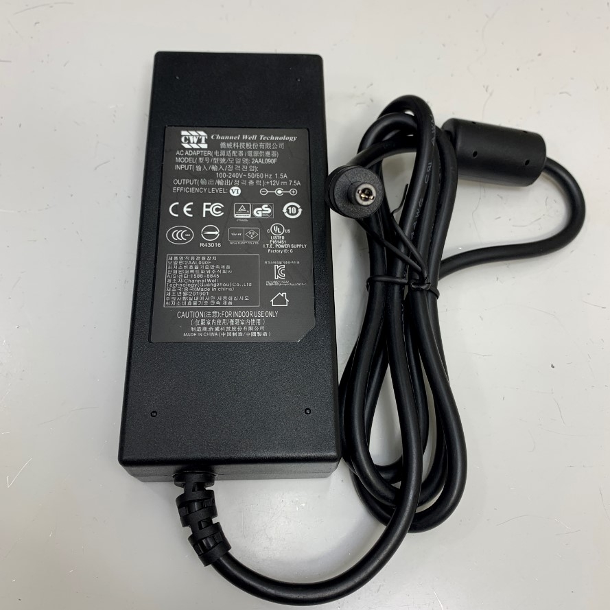 Adapter 12V 7.5A 90W 2AAL090F CWT Channel Well Technology Connector Tip Size 5.5mm x 2.5mm