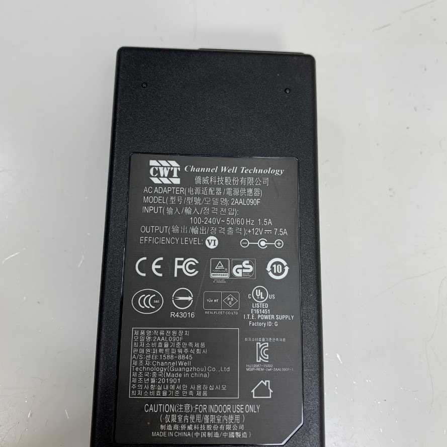 Adapter 12V 7.5A 90W 2AAL090F CWT Channel Well Technology Connector Tip Size 5.5mm x 2.5mm