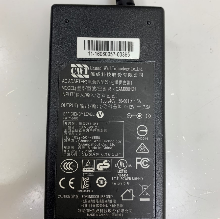 Adapter 12V 7.5A 90W CAM090121 CWT Channel Well Technology Connector Tip Size 5.5mm x 2.1mm