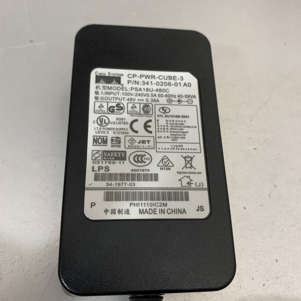 Adapter Cisco 341-0206-01 48V 0.38A CP-PWR-CUBE-3 For Cisco CAP2702I AIR-CAP2702I AIR-CAP2702I-E-K9 AIR-CAP2702I-A-K9 AP 2702i 2700 Series Wireless Access Point Connector Size 5.5mm x 2.5mm
