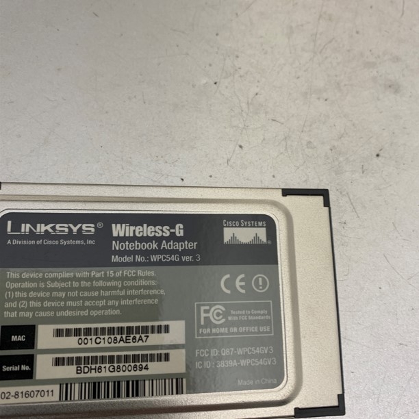 PCMCIA CardBus 54mm to Wireless LINKSYS WPC54G 2.4GHz 54Mbps Adapter