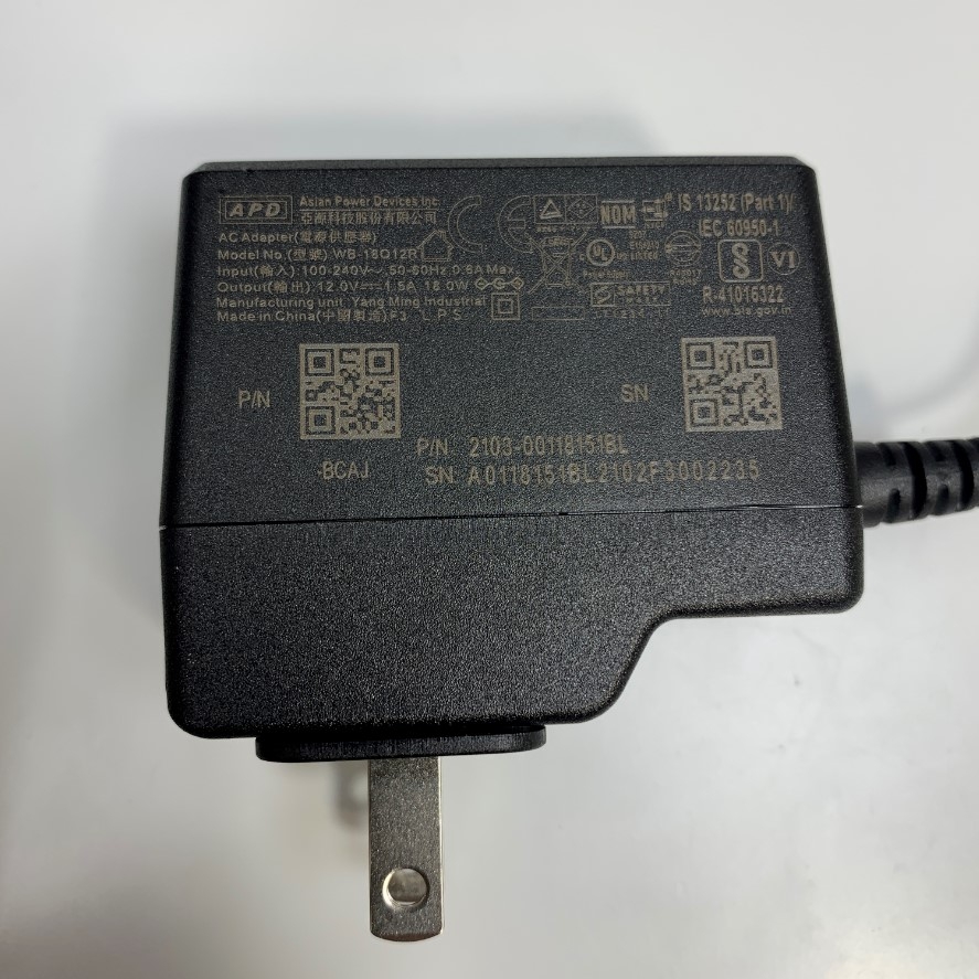 Adapter 12V 1.5A 18W APD WB-18Q12R US Plug Connector Tip Size 5.5mm x 2.1mm For Network Switch, Camera Industrial Digital