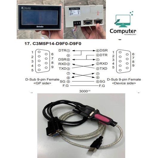 Combo Cáp lập Trình C3M5P14-D9F0-D9F0 Dài 1M RS-232C DB9 Female to Female + USB to RS232 Converter - 6ft For Communication Cable HMI Autonics Với Computer Laptop