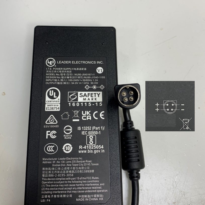 Adapter 54V 1.67A 90W LEI NU90-J540167-I1 Connector Tip Size 4 Pin Mini Din 10mm For For Cisco SG300-10 10 Port Gigabit POE Managed Switch