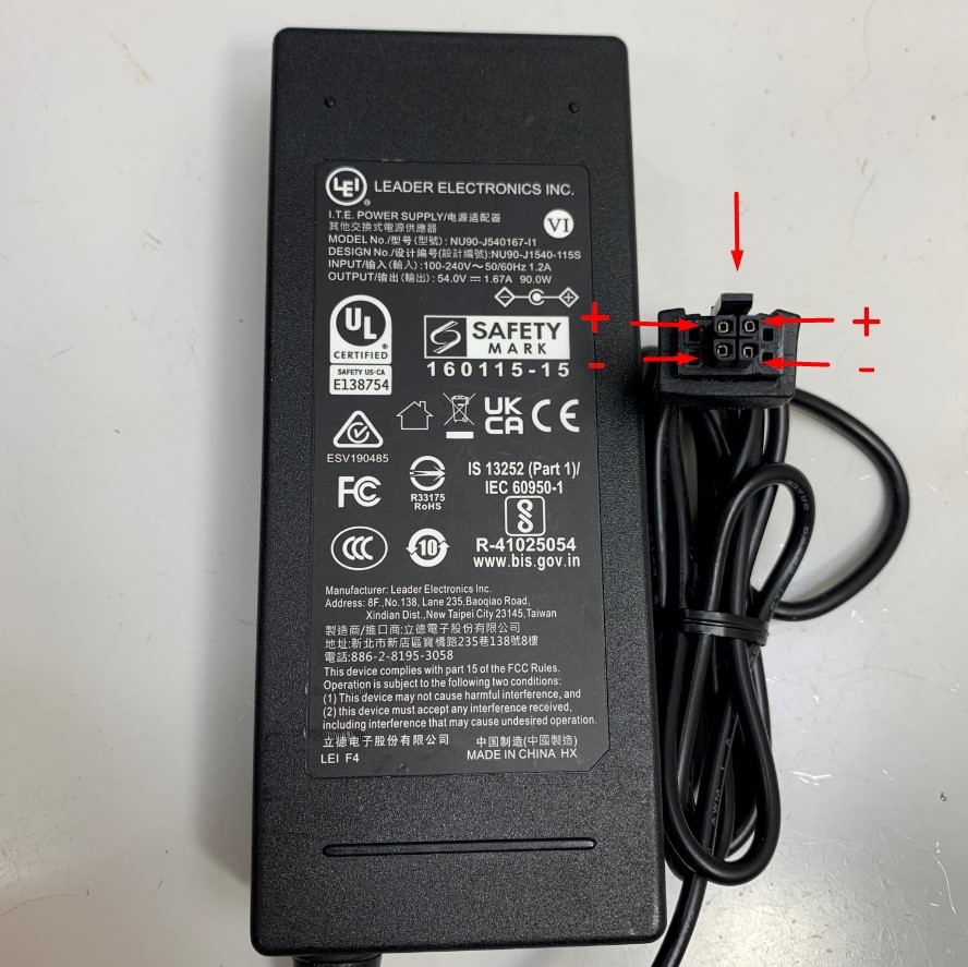 Adapter 54V 1.67A 90W LEI NU90-J540167-I1 Connector Tip Size Molex 4 Pin Pitch 3.0mm For Switch HPE Aruba PoE+ DoE J9774A J9780A J9982A