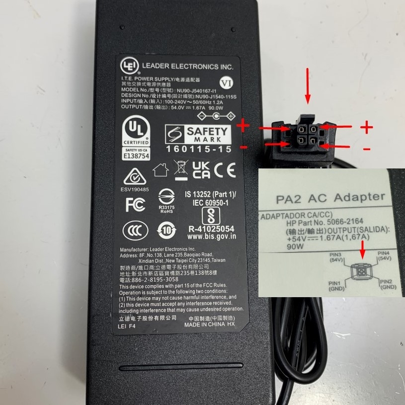 Adapter 54V 1.67A 90W LEI NU90-J540167-I1 Connector Tip Size Molex 4 Pin Pitch 3.0mm For Switch HPE Aruba PoE+ DoE J9774A J9780A J9982A