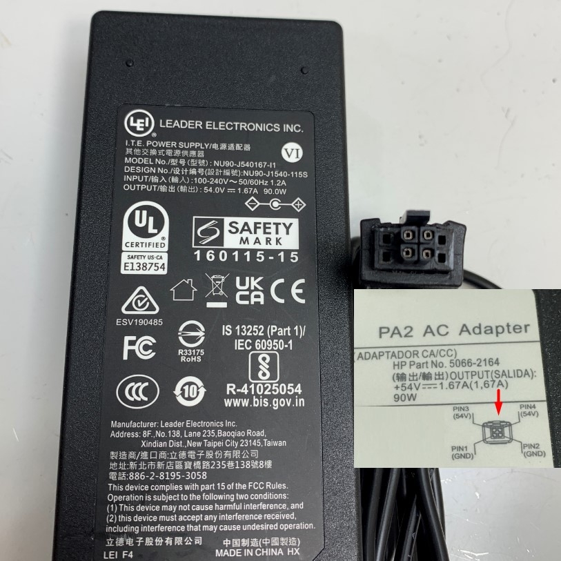 Adapter 54V 1.67A 90W LEI NU90-J540167-I1 Connector Tip Size Molex 4 Pin Pitch 3.0mm For Switch HPE Aruba PoE+ DoE J9774A J9780A J9982A