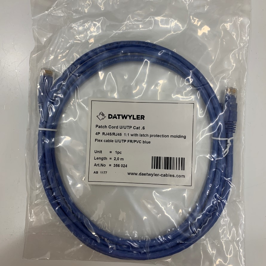 Dây Nhẩy Chuẩn Công Nghiệp DATWYLER 356 024 UTP CAT6 Gigabit Snagless PVC FR 24AWG Industrial Ethernet RJ45 Network Patch Cord Straight Through Cable Blue Length 2M 7ft