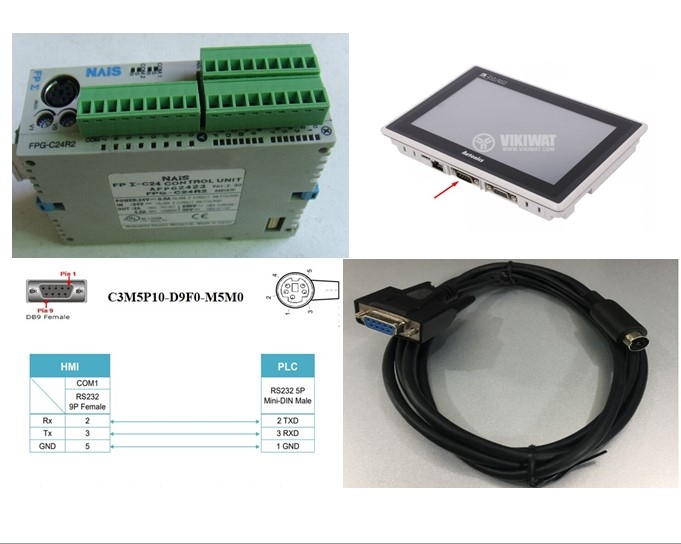 Cáp Lập Trình Communication Cable C3M5P10-D9F0-M5M0 1.8M Kết Nối HMI Autonics GP/LP Series Với PLC Panasonic Nais FP0 Nais FPG Nais FP Qua Giao Thức RS232C Mini Din 5 Pin Male to DB9 Female Black Length 1.8M