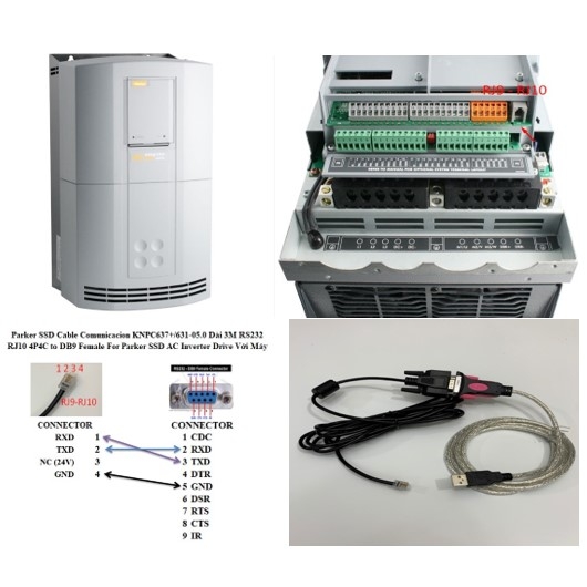Combo Cáp Lập Trình Parker SSD Cable Comunicacion KNPC637+/631-05.0 Dài 3M RS232 RJ10 4P4C to DB9 Female For Parker SSD AC Inverter Drive Với Máy Tính