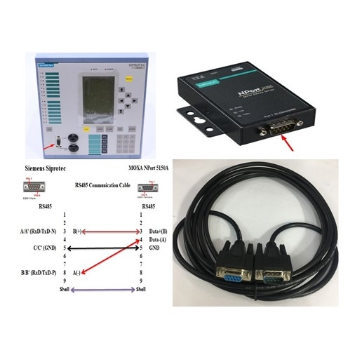 Cáp Điều Khiển Chuẩn RS485 Communication Cable DB9 Male to DB9 Female 2M Kết Nối Rơ Le Bảo Vệ Siemens Siprotec Với MOXA NPort 5150A