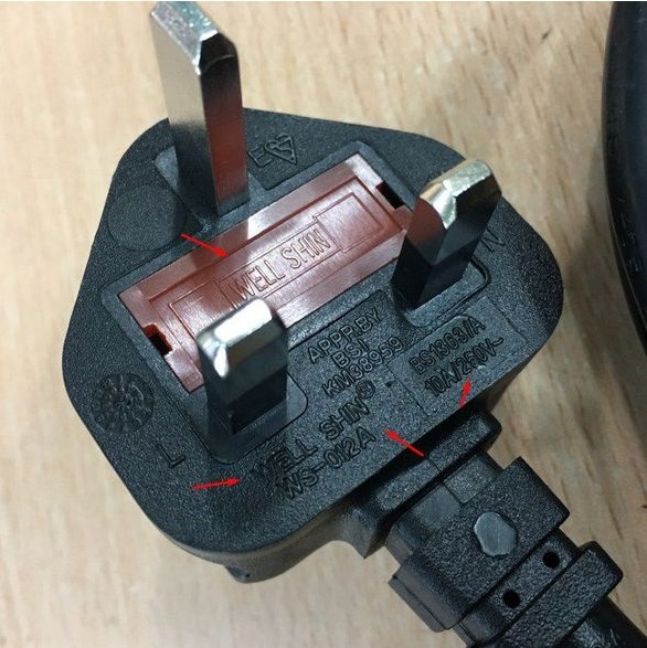 Dây Nguồn Well Shin WS-012A WS-002 UK Chuẩn 3 Chấu Có Cầu Chì AC Power Cord BS1363 to C13 10A 250V 3X1.0mm² Length 1.8M
