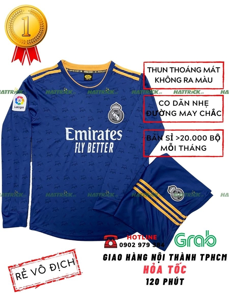 Áo Đá Banh Tay Dài Real Madrid 2021/22 - Xanh