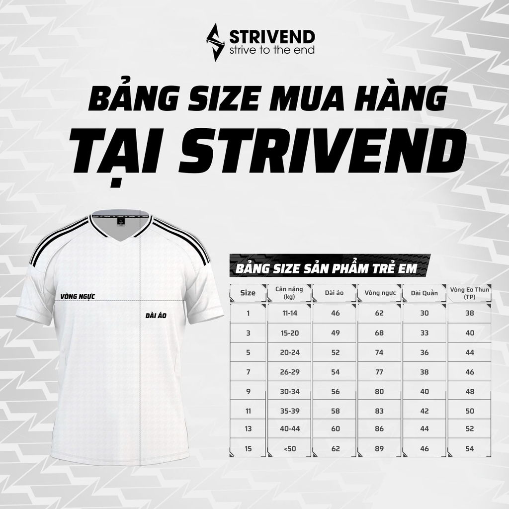 Bàng size quần áo bóng đá Strivend trẻ em