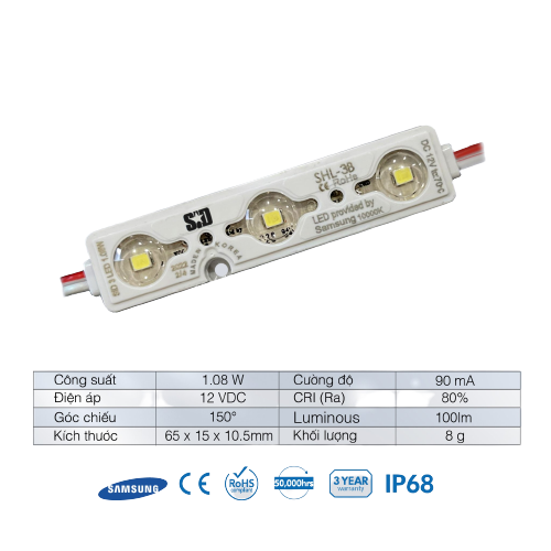 Chip LED SamSung 2835 Module 3 Bóng SiD IP68, Bảo hành 3 năm