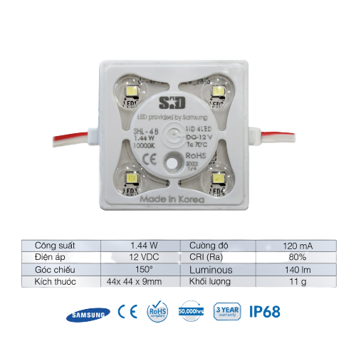 Chip LED Module 2835 4 Bóng Sam Sung SiD IP68, Bảo hành 3 năm