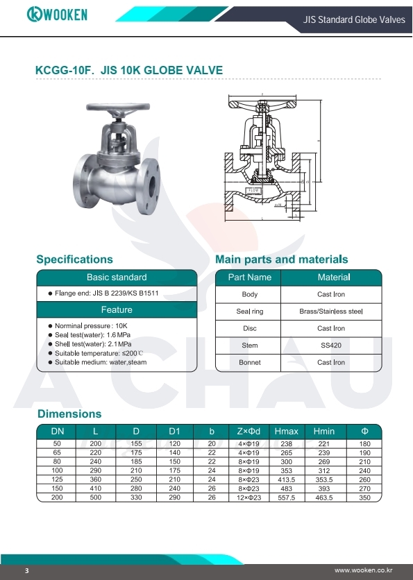 Van cầu gang lắp bích Wooken KCGG-10F