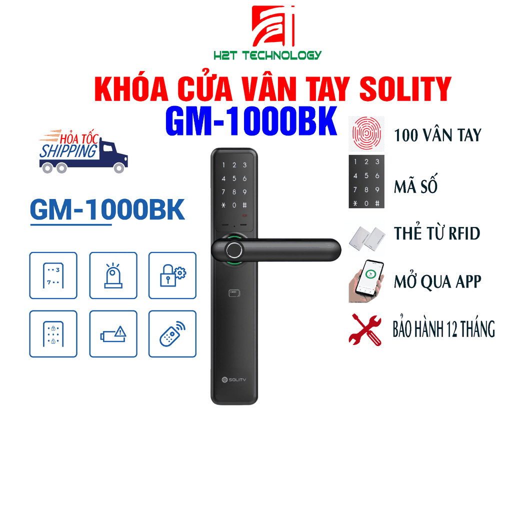 Khóa cửa điện tử vân tay Solity GM-1000BK thương hiệu Hàn Quốc mở khóa vân tay, mã số, chìa cơ