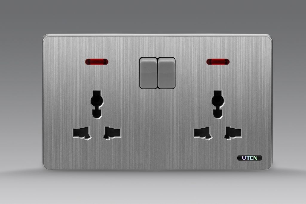 Bộ ổ cắm đôi 3 chấu có công tắc điều khiển màu ghi S300 Uten (S300-2KZ13/N)