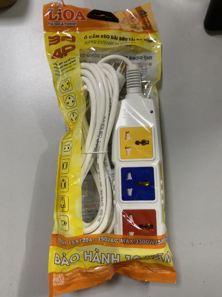 Ổ cắm Lioa kéo dài siêu tải có dây 3 lõi, 5m, 15A (3P-5M/3-15A)