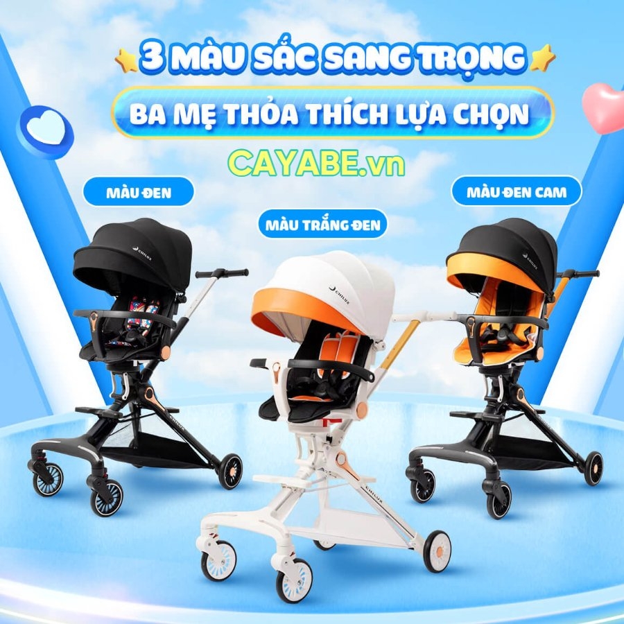 Xe đẩy cho bé gấp gọn du lịch gọn nhẹ Chilux M06 (đèn xe phát sáng) màu trắng cam