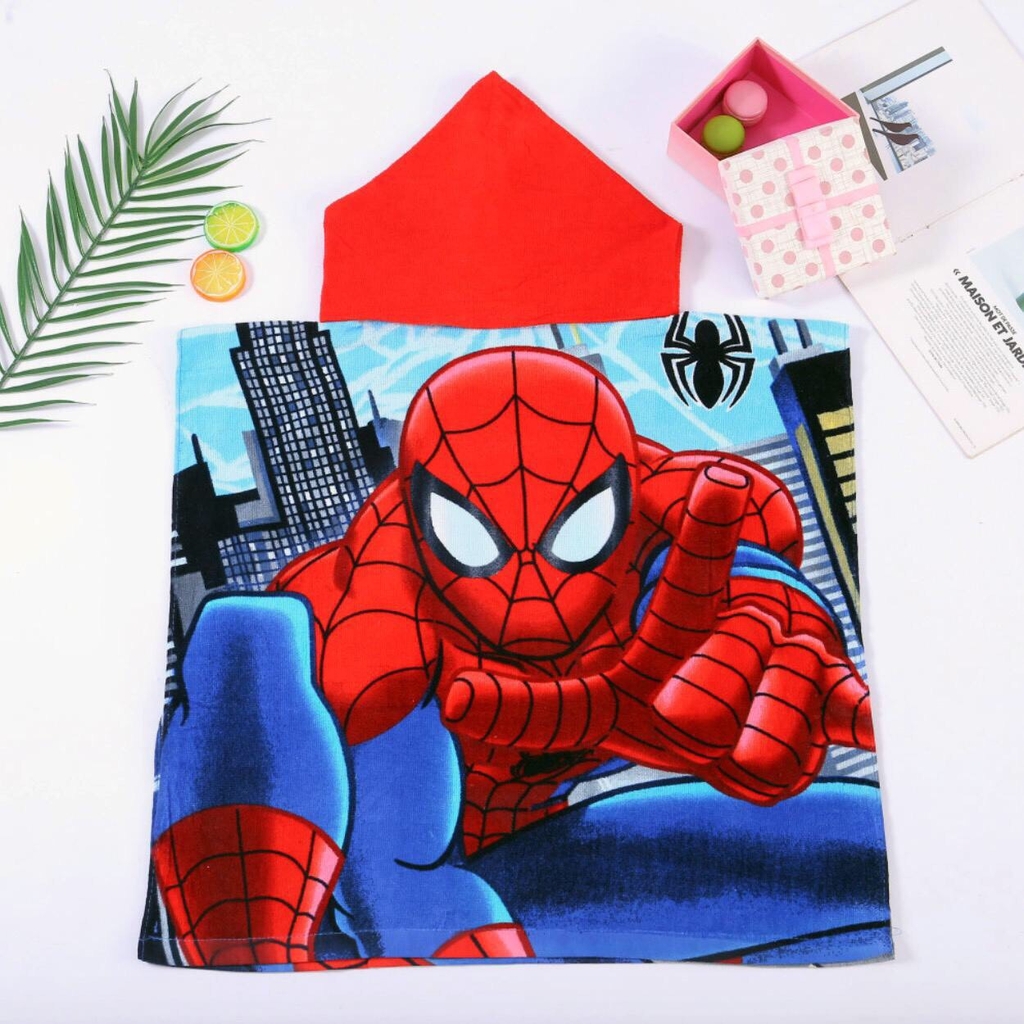 Khăn tắm choàng cho bé người nhện Spiderman có mũ trùm đầu màu xanh dương