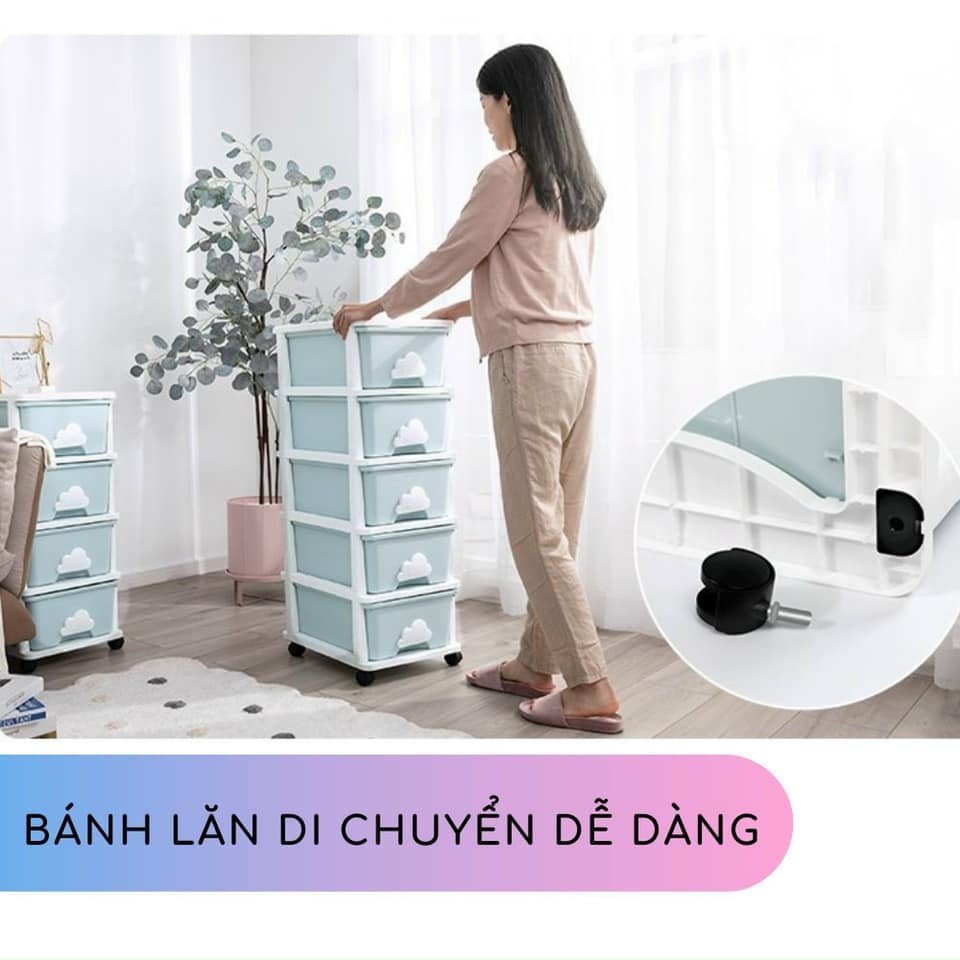 Tủ nhựa ngăn kéo 3-4-5 tầng tay nắm MÂY Hàn Quốc đựng quần áo, bỉm sữa, đồ dùng cho mẹ và bé màu xanh