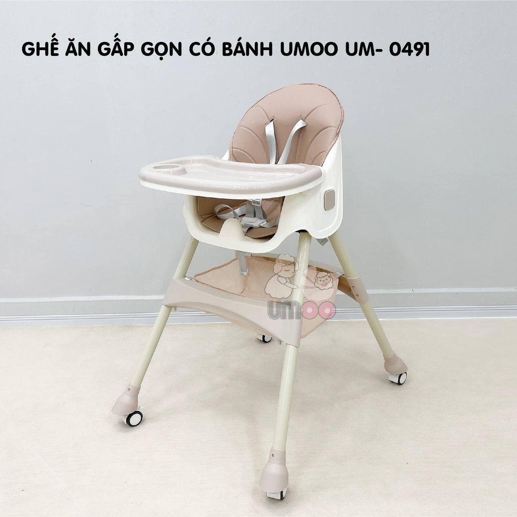 Ghế ăn dặm cho bé gấp gọn CAYABE Umoo nâng hạ độ cao thấp 2 mức UM-0491, có bánh xe, đệm lót da êm ái màu xanh mint, kem nâu, hồng, xanh navy