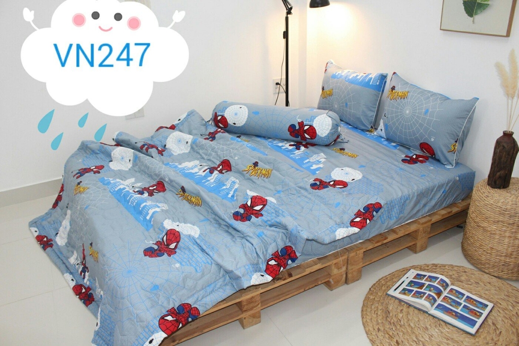 Bộ ga gối 4 món người nhện Spiderman màu xám nhạt cotton 100% (ga giường + 1 vỏ gối ôm + 2 vỏ gối nằm)