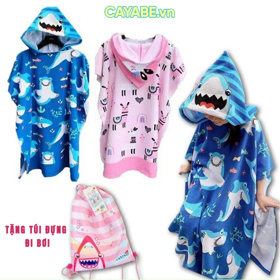 [SIZE LỚN]: Khăn tắm choàng cho bé CAYABE đi bơi, đi biển có mũ trùm đầu cá mập Baby Shark màu xanh (tặng túi rút tiện lợi) - 75x125 cm