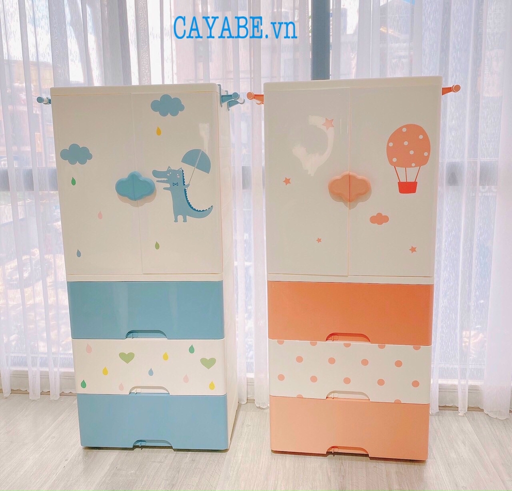 Tủ nhựa cho bé 4 tầng CAYABE Sky đựng quần áo hình kinh khí cầu màu cam