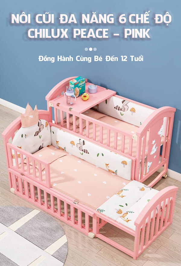 Nôi cũi em bé gấu con Teddy Bear đa năng 6 trong 1 CHILUX PEACE màu hồng