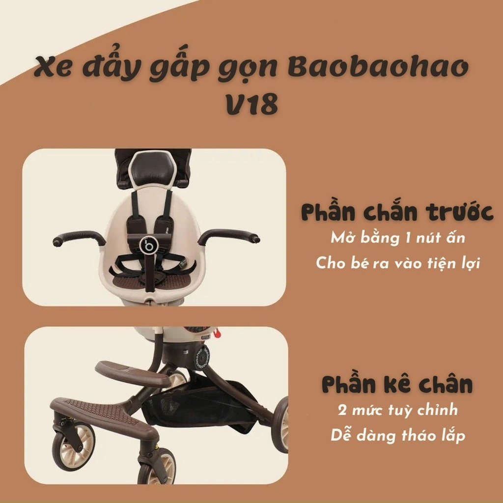 Xe đẩy em bé 2 chiều Baobaohao V18 gấp gọn, có mái che màu nâu socola