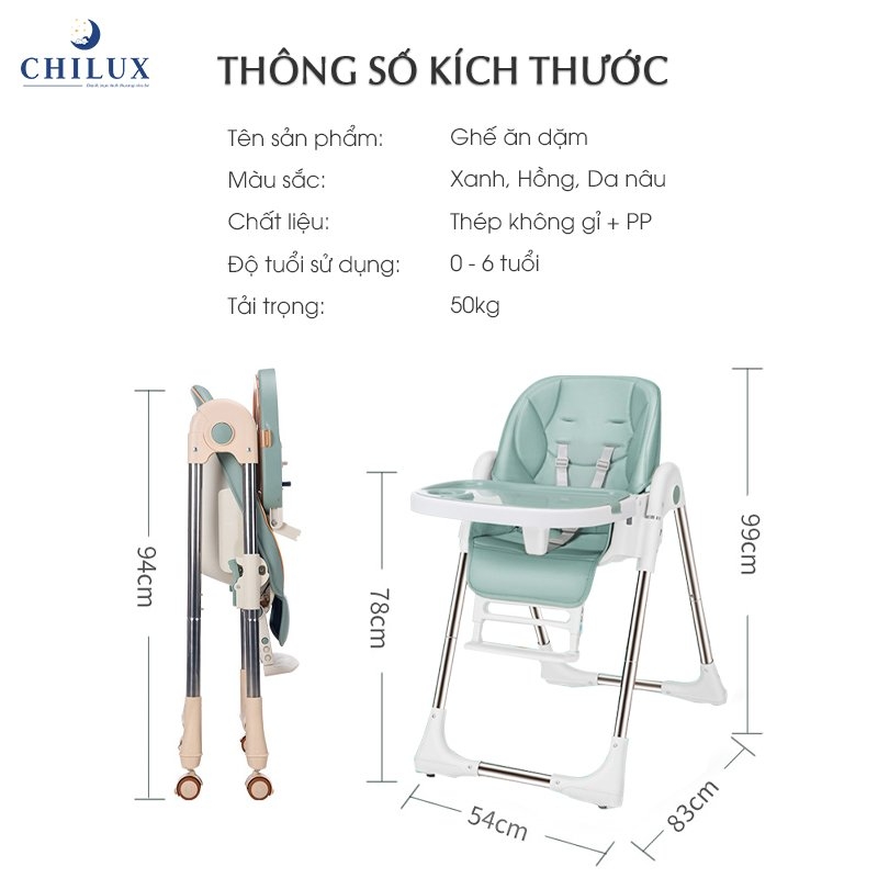 Ghế ăn dặm cho bé gấp gọn Chilux Grow S nâng hạ 5 mức độ cao thấp, ngả lưng được màu xanh mint