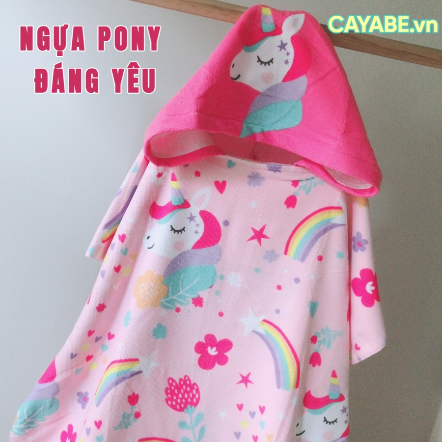 [SIZE LỚN]: Khăn tắm choàng cho bé CAYABE đi bơi, đi biển có mũ trùm đầu ngựa Pony / Unicorn màu hồng nhạt (tặng túi rút tiện lợi) - 75x125 cm