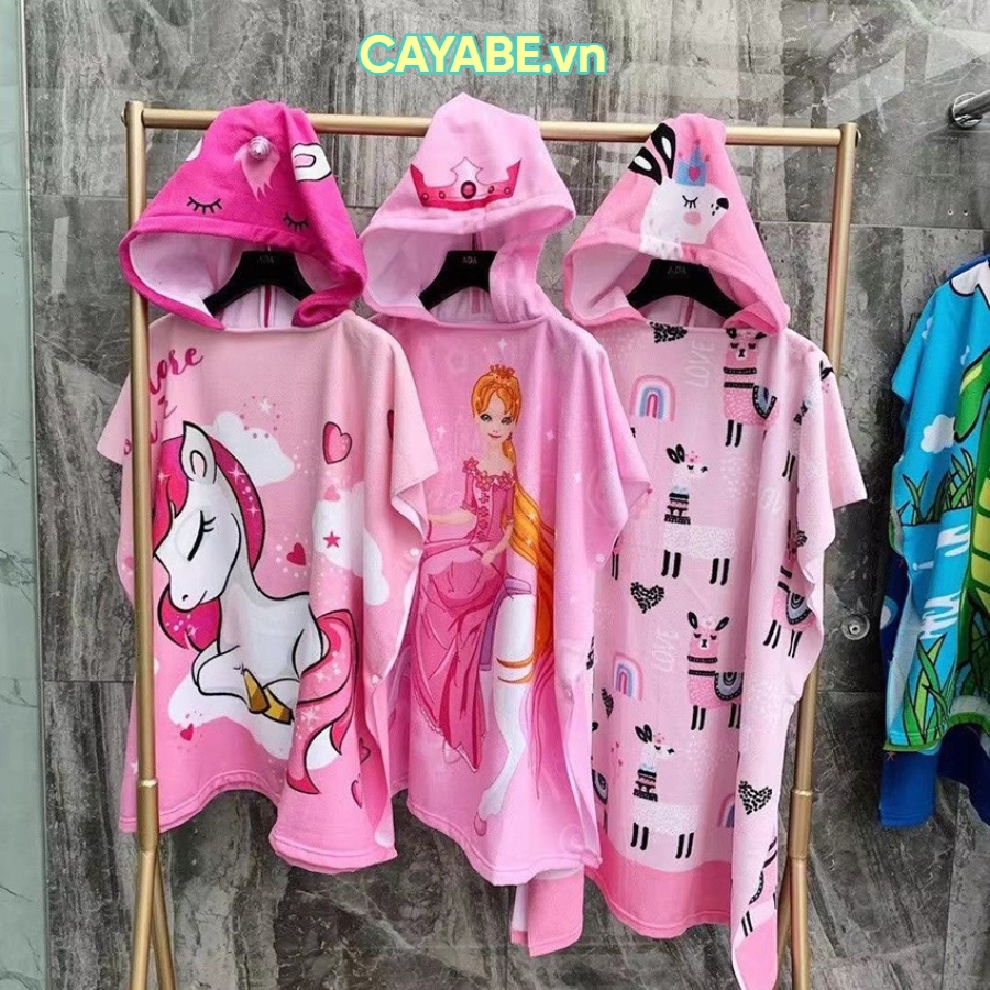 [SIZE LỚN]: Khăn tắm choàng cho bé CAYABE đi bơi, đi biển có mũ trùm đầu ngựa Pony / Unicorn màu hồng nhạt (tặng túi rút tiện lợi) - 75x125 cm