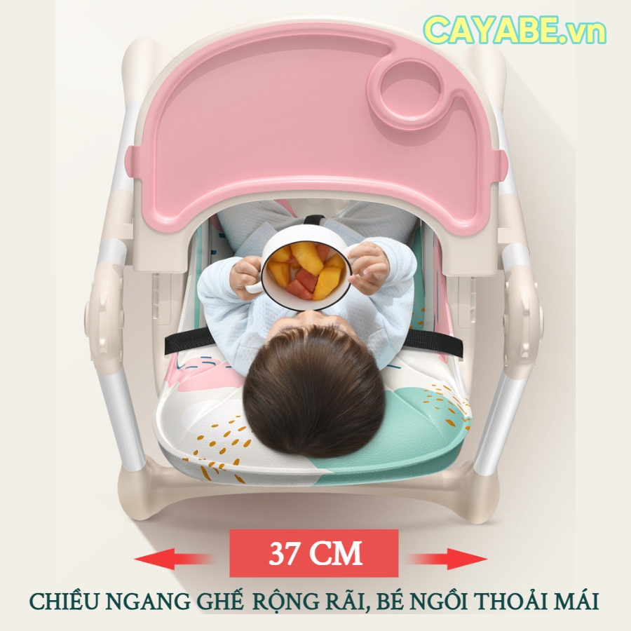 Ghế ăn dặm cho bé gấp gọn CAYABE Lux 6 mức điều chỉnh độ cao, có bánh xe, đệm êm màu nâu kem