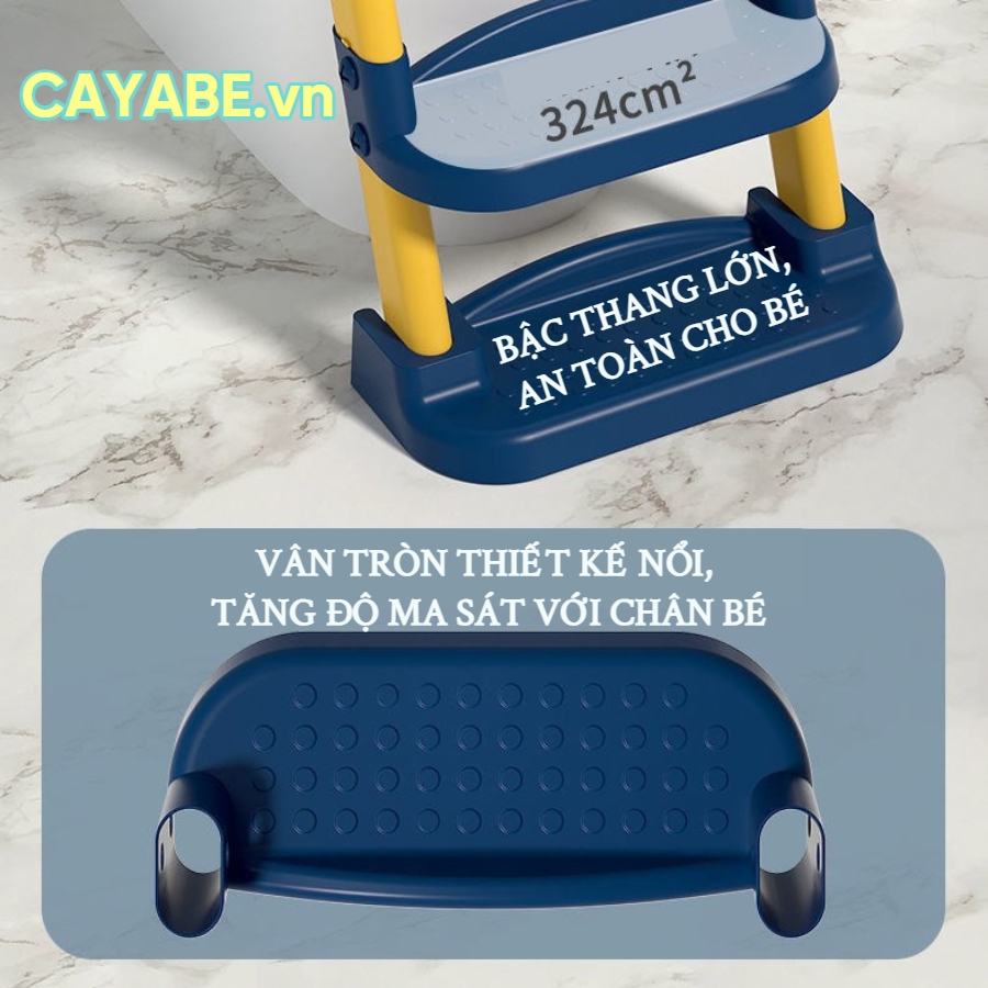 Thang bô vệ sinh cho bé gấp gọn CAYABE gấu con, bệ nắp thu nhỏ bồn cầu cho bé có tay vịn và đệm êm ái màu xám