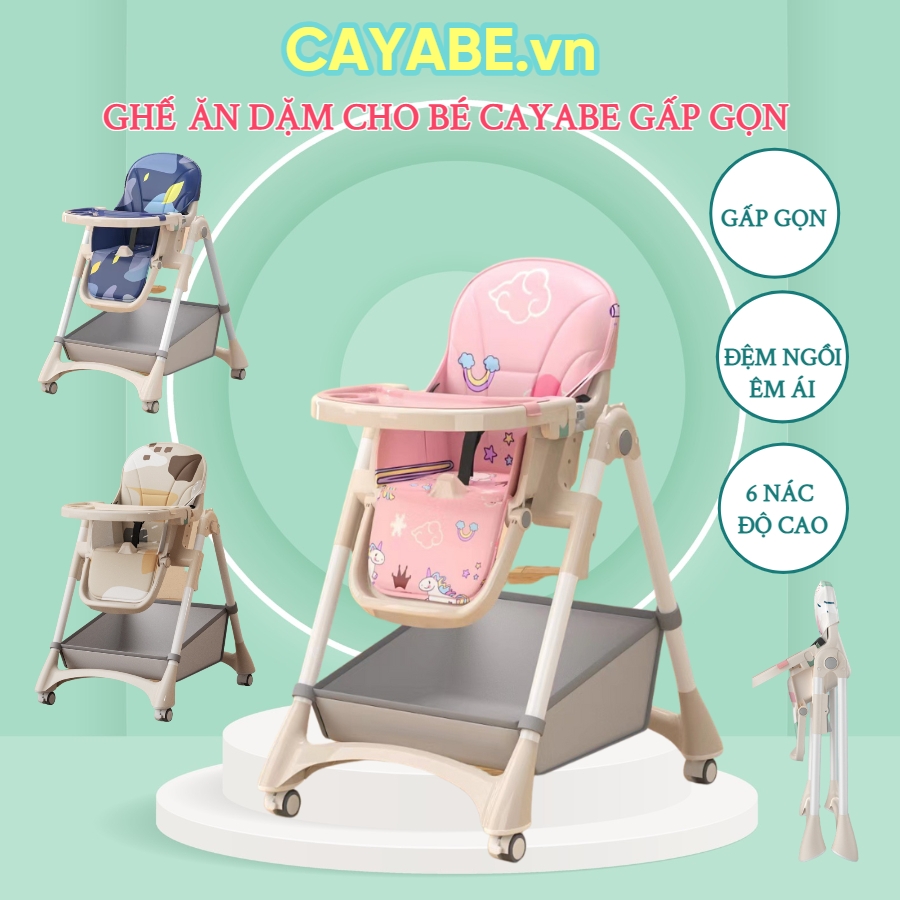 Ghế ăn dặm cho bé gấp gọn CAYABE Lux 6 mức điều chỉnh độ cao, có bánh xe, đệm êm ái màu xanh dương