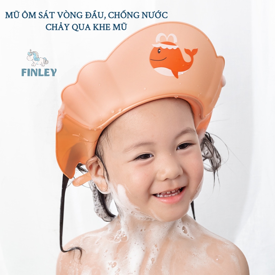 Mũ gội đầu, mũ tắm cho bé FINLEY hình cá voi điều chỉnh được vòng đầu, chống nước chảy làm cay mắt bé màu xanh - cam