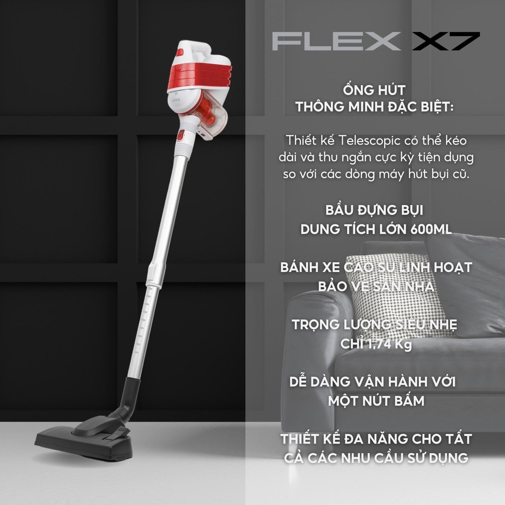 Máy hút bụi cầm tay UNIQ FLEX X7 Đa Năng Gia Đình Dây dài 5m Hút Giường Đệm Sofa Ô tô Tủ Kệ