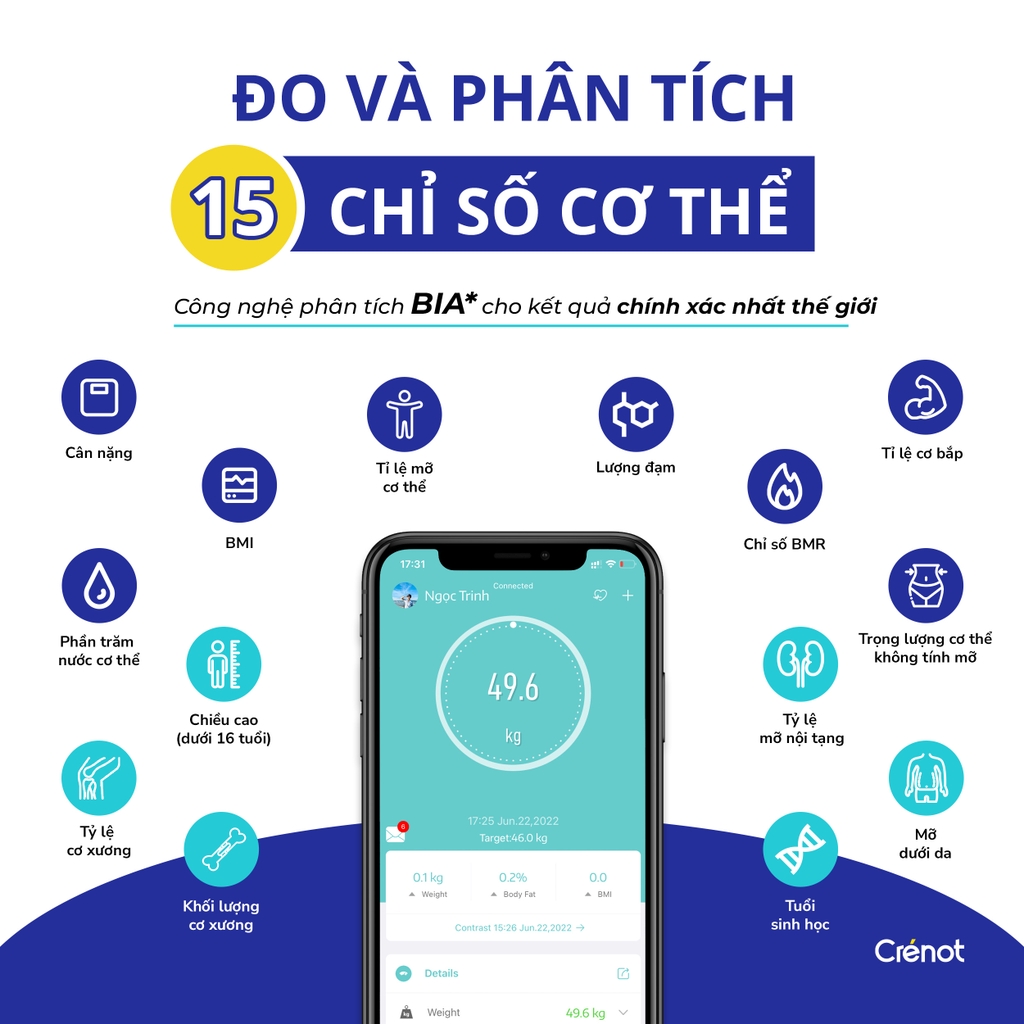 Cân Sức Khoẻ Điện Tử Thông Minh CRENOT Gofit S2 Đo Phân Tích 15 Chỉ Số Cơ Thể