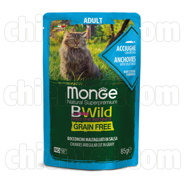 Monge Bwild-Thức ăn mềm cho mèo trưởng thành vị cá cơm và rau 85g
