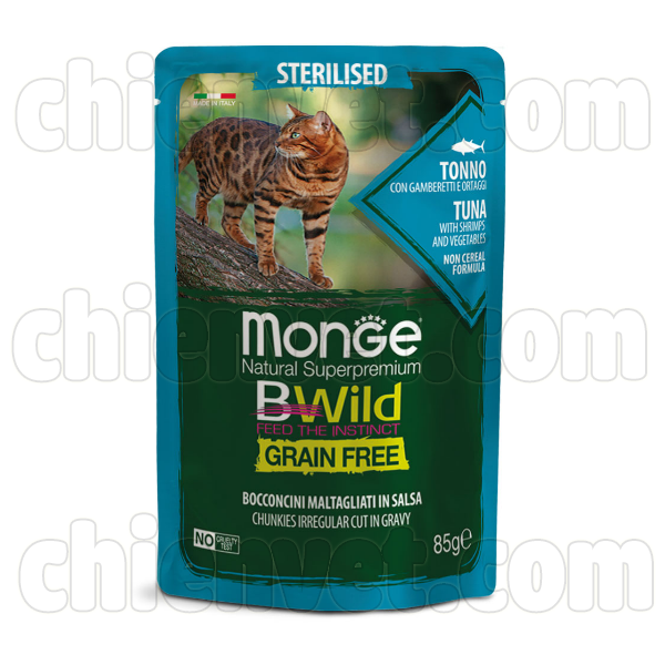 Monge Bwild-Thức ăn mềm cho mèo triệt sản vị cá ngừ, tôm, rau 85g
