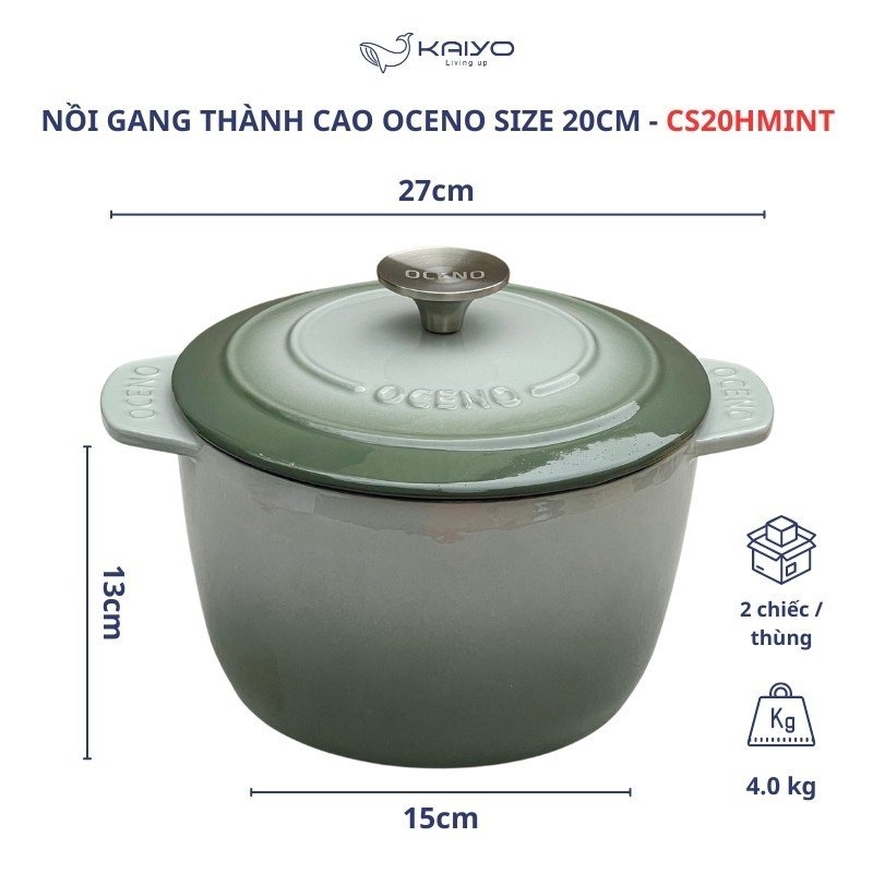 Nồi gang thành cao Oceno 20cm màu xanh