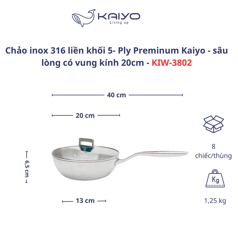 Chảo inox 316 liền khối 5-ply Premium Kaiyo -sâu lòng có vung kính 20cm