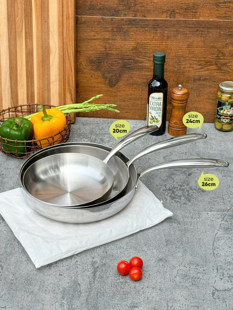 Chảo đúc inox 3 lớp đáy liền Tri-ply Kaiyo, dáng cạn size 26cm