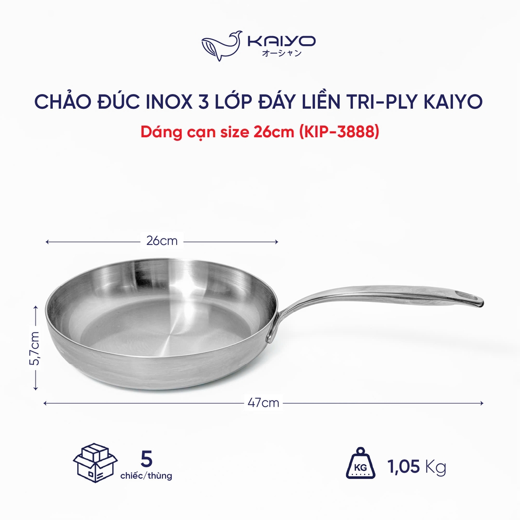Chảo đúc inox 3 lớp đáy liền Tri-ply Kaiyo, dáng cạn size 26cm