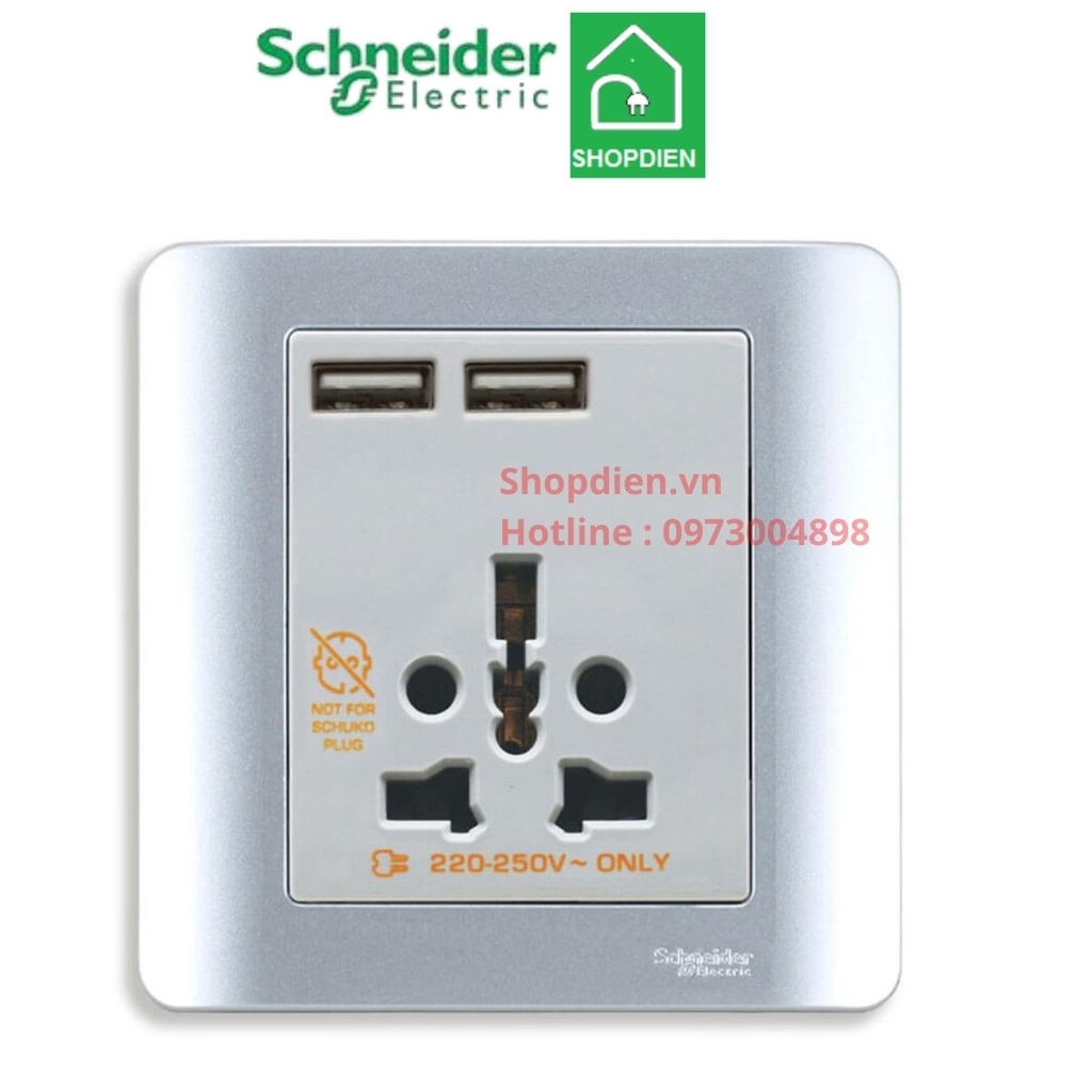 Ổ cắm đa năng và sạc USB đôi Schneider Zencelo E8442616USB_SA_G19 màu xám bạc