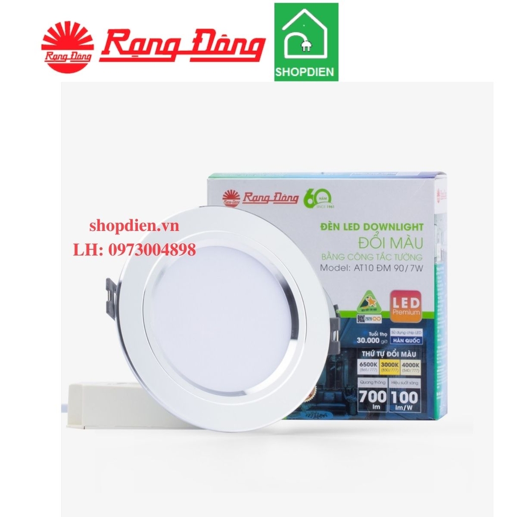 Đèn downlight âm trần đổi màu 7W D90 viền vàng / bạc Rạng Đông AT10 ĐM 90/7W